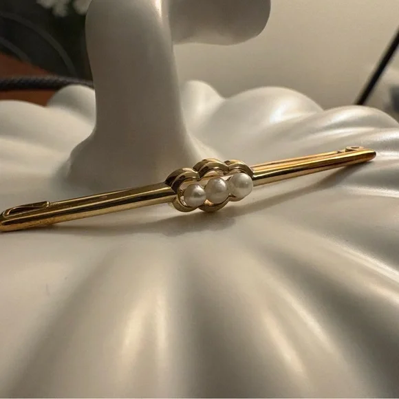 Vintage Albert Scharning 14K Gold Pearl Bar Brooch Pin 585 [with stamp]✨ - Picture 9 of 10